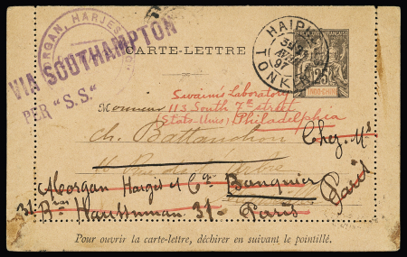 Indochine : entier carte-lettre 25c groupe OBL Haïphong-Tonkin (1897) pour Marseille, réexpédiée à Paris et aux USA, avec arrivée Philadelphia. TB