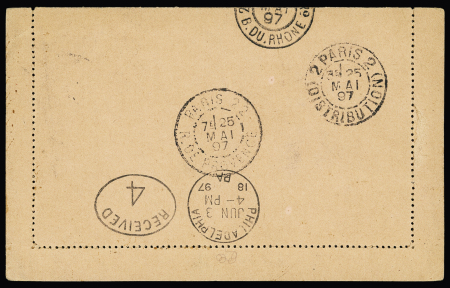 Indochine : entier carte-lettre 25c groupe OBL Haïphong-Tonkin (1897) pour Marseille, réexpédiée à Paris et aux USA, avec arrivée Philadelphia. TB