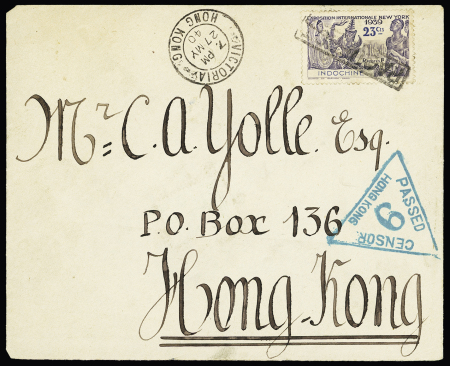 Indochine n°204 OBL griffe encadrée "Paquebot" + CAD "Victoria Hong Kong" (27 mai 1940) sur lettre pour Hong Kong avec cachet triangulaire vert "Passed Censor Hongkong 9". TB