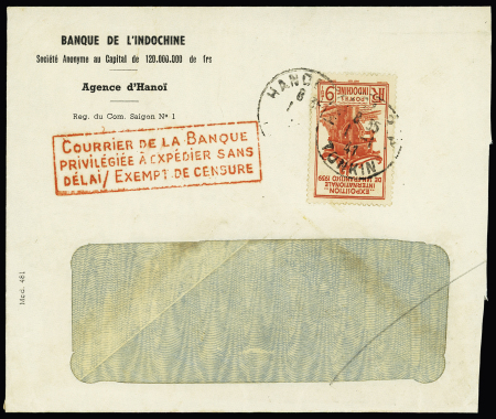 Indochine n°206 OBL Hanoï RP (1941) sur lettre avec cachet rectangulaire rouge "Courrier de la banque privilégiée à expédier sans délai . Exempt de censure". TB