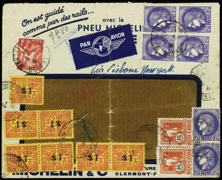 Indochine - France n°375A, 2F50 Cérès Outremer, 6 pièces + n°433 OBL Marseille (1941) sur lettre avec Indochine timbre taxe n°42 en paire + n°74, 7 pièces OBL Saïgon, spectaculaire et TB