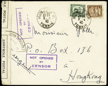 Indochine n°156 + 157 OBL Hanoï RP (9.4.40) sur lettre pour Hong-Kong avec cachet rect. Violet "Not opened by Censor". TB