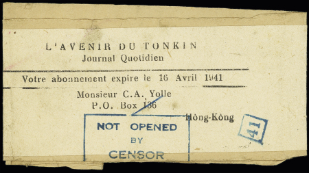 Indochine : 10 bandes de journal "L'Avenir du Tonkin" adressées à Hong-Kong, (1940) toutes avec censures diverses de Hong-Kong. TB lot