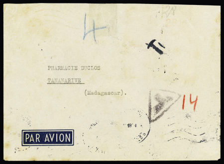 Madagascar : lettre non affranchie avec au verso Colonies générales timbre-taxe n°33 en paire + n°35 en paire OBL Tananarive (1948), usage peu courant. TB