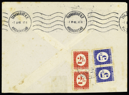Madagascar : lettre non affranchie avec au verso Colonies générales timbre-taxe n°33 en paire + n°35 en paire OBL Tananarive (1948), usage peu courant. TB