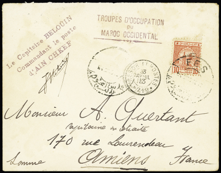 Maroc : Postes chérifiennes n°12 OBL Fes (1913) + CAD "Tresor et postes 219" + griffe violette "Le capitaine Belouin commandant le poste d'Aïn Chkef". TB