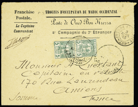 Maroc Postes Chérifiennes n°11 en paire sur lettre avec mention imprimée "Poste de Oued Bou Krezza - 4e compagnie du 2° étranger" (1913). TB