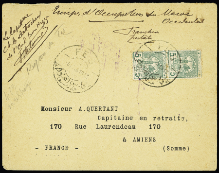 Maroc Postes Chérifiennes n°11 en paire OBL CAD bilingue français-arabe "Fès" (1913) sur lettre. TB
