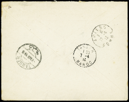 Maroc Postes Chérifiennes n°12 OBL CAD violet bilingue français-allemand "Meknès" (1913) sur lettre avec griffe violette "Le capitaine Belouin commandant le poste d'Aïn-Chkef". TB