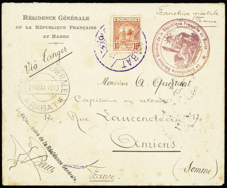 Maroc Postes Chérifiennes OBL grand CAD bilingue français-arabe "Rabat" (1913) sur lettre avec en-tête et cachet brun-rouge "Le commissaire résident général de la République Française au Maroc". TB