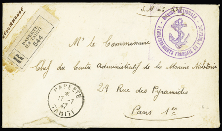 Océanie : lettre en franchise recommandée avec CAD "Papeete Tahiti" (1947) + cachet violet avec ancre "Marine nationale établissements français de l'Océanie". TB