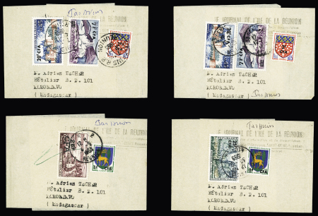 Réunion : 11 bandes à en-tête "Journal de l'Ile de la Réunion" aff. divers timbres surchargés CFA OBL St Denis (1965). Ensemble peu courant et TB
