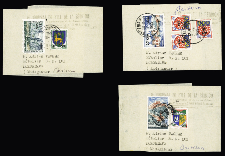 Réunion : 11 bandes à en-tête "Journal de l'Ile de la Réunion" aff. divers timbres surchargés CFA OBL St Denis (1965). Ensemble peu courant et TB