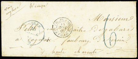 Sénégal : lettre sans timbre avec CAD bleu à fleuron "Gorée" (1860) + taxe 6 tampon bleue façon manuscrite. TB