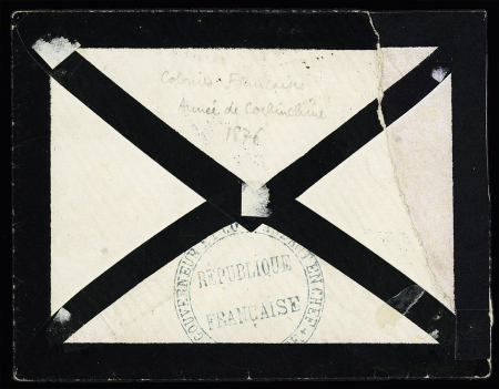 Col. Gen n°23, 25c bleu OBL losange de points "CCH" + CAD octogonal "Corr d'armées Saïgon" (1876) sur env. de deuil (un angle restauré) avec cachet ovale bleu "Commandant en chef en Cochinchine" et au verso cachet bl
