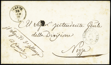 Lettre en franchise d'Illonza pour Nice avec CAD sarde "Clanzo" et CAD de transit "S. Martino del Varo" (1859) au recto. TB
