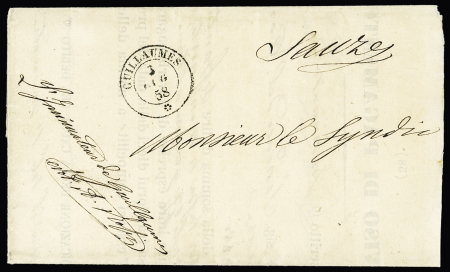 Lettre en franchise avec CAD Sarde "Guillaumes*" (1858) pour Sauzé, jolie pièce