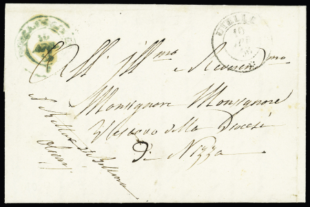Lettre en franchise avec CAD bleu "Roccabigliera C" (1853) pour Nice avec CAD de transit "Utelle". Rare