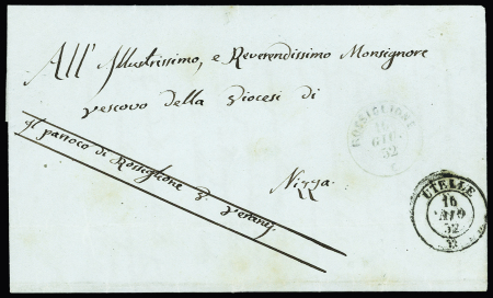 Lettre en franchise pour Nice avec CAD "Rossiglione C" (1852) (B/TB mais 1ere date connue) avec CAD de transit "Utelle". TB