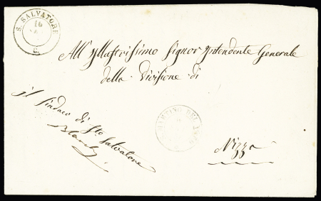 Lettre en franchise pour Nice avec CAD "S. Salvatore C" (1858) et CAD de transit "S. Martino del Varo". TB