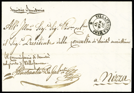 Lettre en franchise du service sanitaire de Villefranche pour Nice avec CAD "Villafranca Mara" (1849). TB
