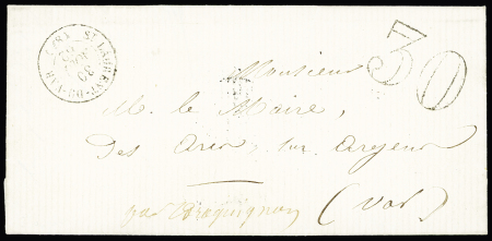 Lettre avec CAD T15 "St Laurent-du-Var (87)" (1862) + taxe 30 double-trait pour les Arcs sur Argence par Draguignan (Var). TB