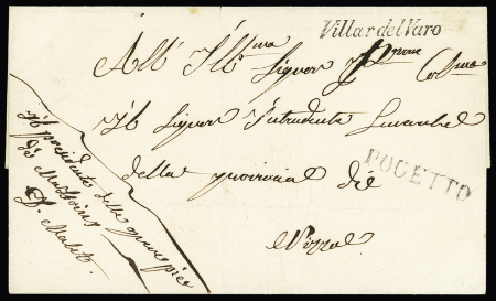 Lettre en franchise de Massoins pour Nice avec cursive "Villar del Varo" et MP de transit "Pogetto". Au verso, marque linéaire d'arrivée "Pogetto". TB