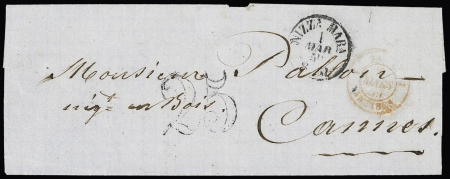 Lettre avec CAD "Nizza Mara" (1859) + taxe 25 double-trait pour Cannes avec au verso CAD d'arrivée T15 Cannes (78). TB