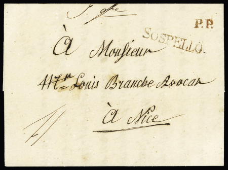 Lettre en franchise pour Nice avec MP rouges "Sospello" et "PP". TB