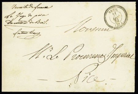 Lettre en franchise du juge de paix de Breil pour Nice avec CAD perlé T22 "Breil (87)" (1864) pour Nice. TB