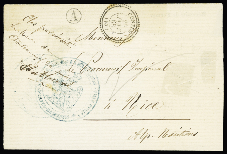 Lettre en franchise de C "Contes (87)" (1868) + boite rurale "A" + cachet bleu avec aigle "Mairie de Chateauneuf (Ville Vieille) Alpes Maritimes". TB
