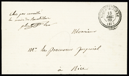 Lettre en franchise pour le procureur impérial de Nice avec CAD perlé T22 "Roquebillière (87)" (1869). TB