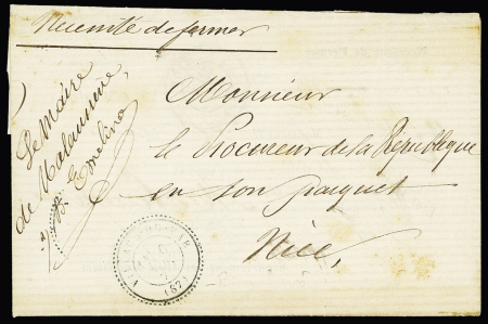 Lettre en franchise du maire de Malaussene avec CAD perlé T24 "Villars du Var (87)" (1871). Rare et TB