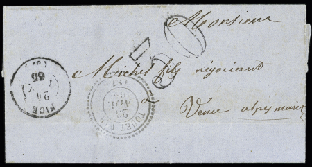 Petite lettre pour Vence avec CAD perlé T22 "Touet Var (87)" + T15 Nice + taxe 30 double-trait. TB