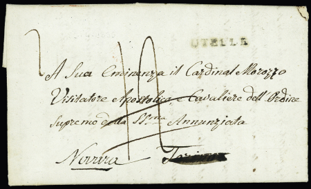 Lettre de Lantosca (1835) avec MP noire "Utelle" + taxe 12 manuscrite rayée. TB