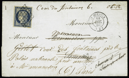 AISNE N°4 OBL GRILLE + T15 "St Quentin (2)" (1850) sur lettre, ind 10