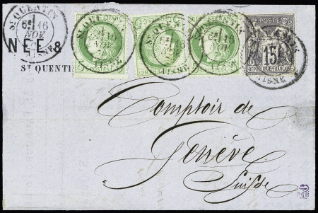 AISNE N° 53, 3 pièces + n° 66 OBL CAD T18 "St Quentin Aisne" (1876) sur lettre pour Genève, bel AFF composé Cérès-Sage. TB.