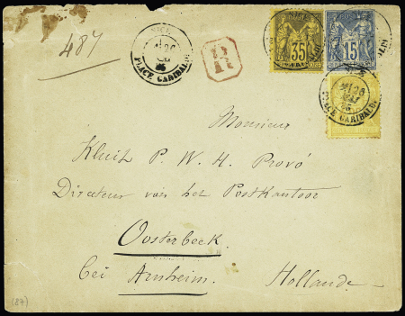 ALPES MARITIMES: N°92 + 93 OBL CAD "Nice place Garibaldi" (1885) sur env entier postal recommandé 15c Sage pour la Hollande. TB