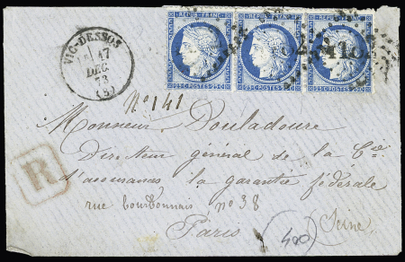ARIEGE : N°60, bande de 3, OBL GC 4182 + T16 "Vic-Dessos (8)" (1873) sur lettre recommandée. TB