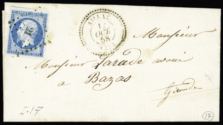 GIRONDE : N°14 OBL PC 21 + T22 "Aillas (32)" (1858) sur lettre, ind 17. TB