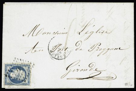 GIRONDE : N°15, 25c bleu, OBL PC 441+ T15 Bordeaux (1854) sur lettre. Signé Calves. TB. Cote 500€