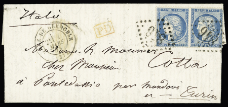 ISERE : N°37 en paire OBL GC 846 + T17 "Gare de Grenoble (37)" (1872) sur lettre pour Turin. TB