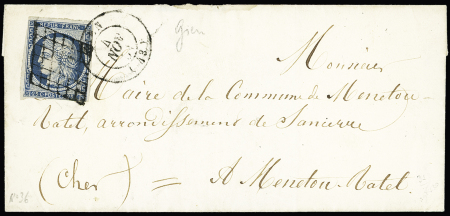 LOIRET : OBL grille + T15 "Gien" (1851) sur lettre avec au verso cachet de la mairie de Gien. TB