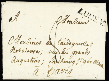 MEURTHE ET MOSELLE : Lettre avec MP "Lunev." (L n°2, 1761) + taxe 8 manuscrite, ind 19. TB