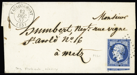MOSELLE : n°14 OBL PC 1241 + T15 "Faulquemont (55)" (1857) sur lettre pour Metz. TB