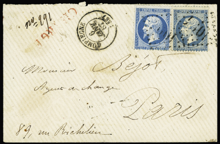 OISE : n°22, 2 pièces, 2 nuances, OBL GC 1094 + T15 Compiègne (1867) sur lettre chargée pour Paris avec cachet descriptif noir des chargements au verso. TB.