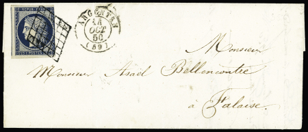 ORNE : n°4, touché à droite mais 3 belles marges, OBL grille + T15 "Argentan (59)" (1850) sur lettre, ind 12. TB. 