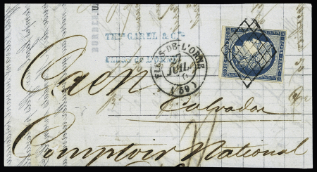 N°4 OBL grille + T15 "Flers-de-l'Orne (59)" (1850) sur lettre pour caen. TB