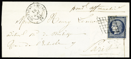 ORNE : n°4 OBL grille + T15 "Mortagne-s-Huine 59" (1851) sur lettre - ind 12. TB