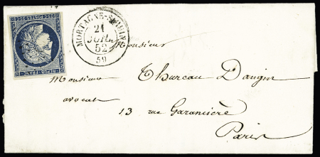ORNE : n°4 OBL PC 2169 + T15 "Mortagne-s-Huine 59" (1852) sur lettre. TB
